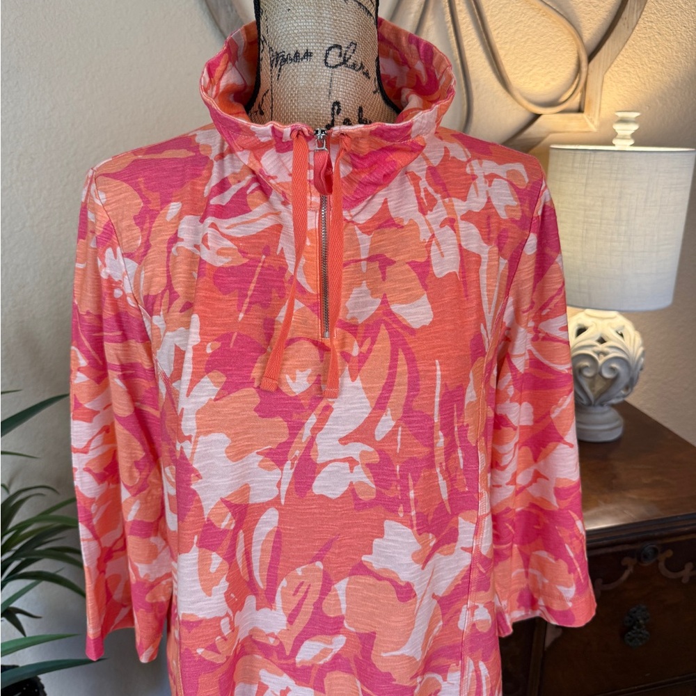 Chico’s Weekends Tropical Floral Pink and Orange Tunic Top - Picture 6 of 16